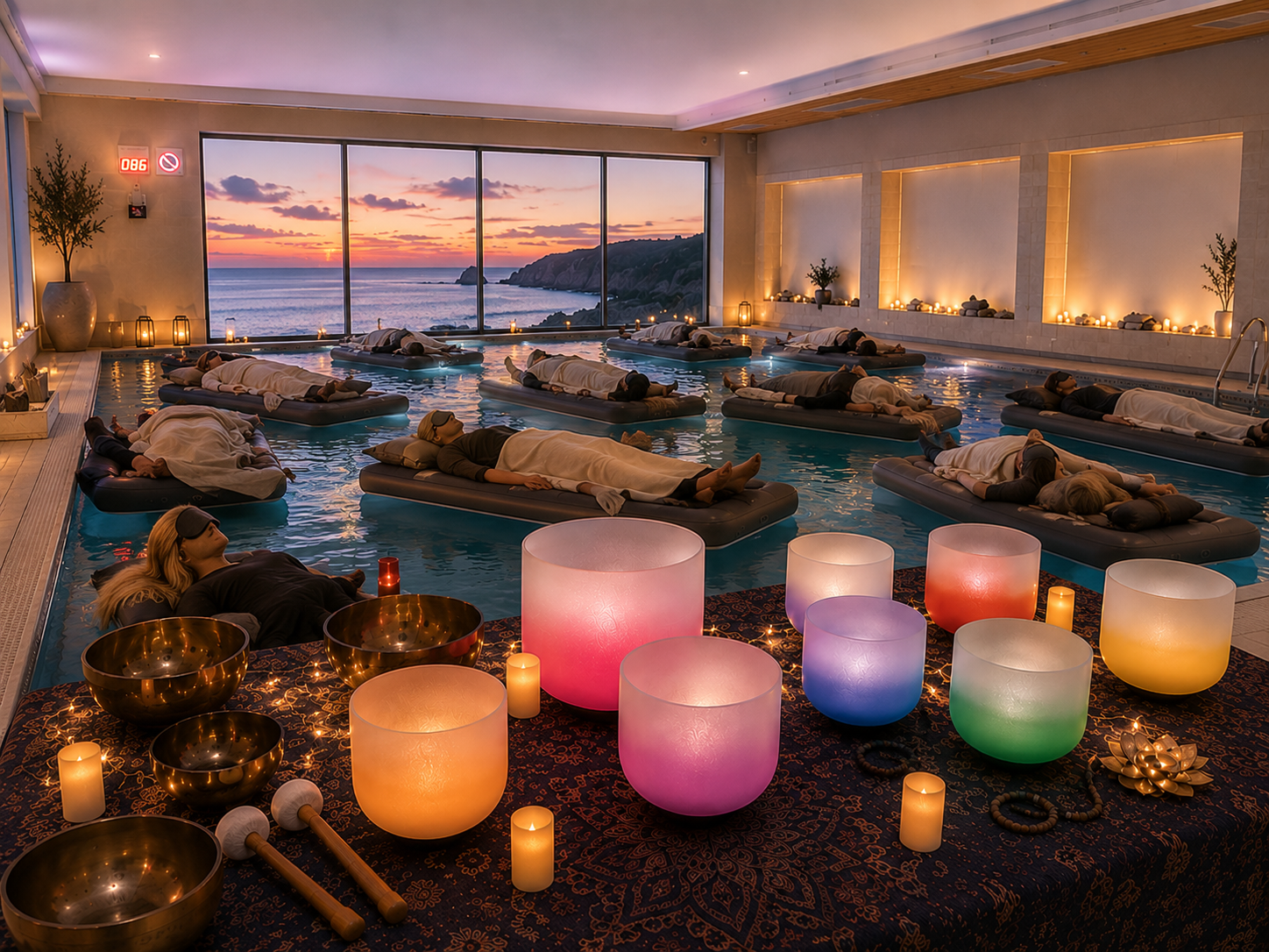 Floating sound bath with colourful singing bowls